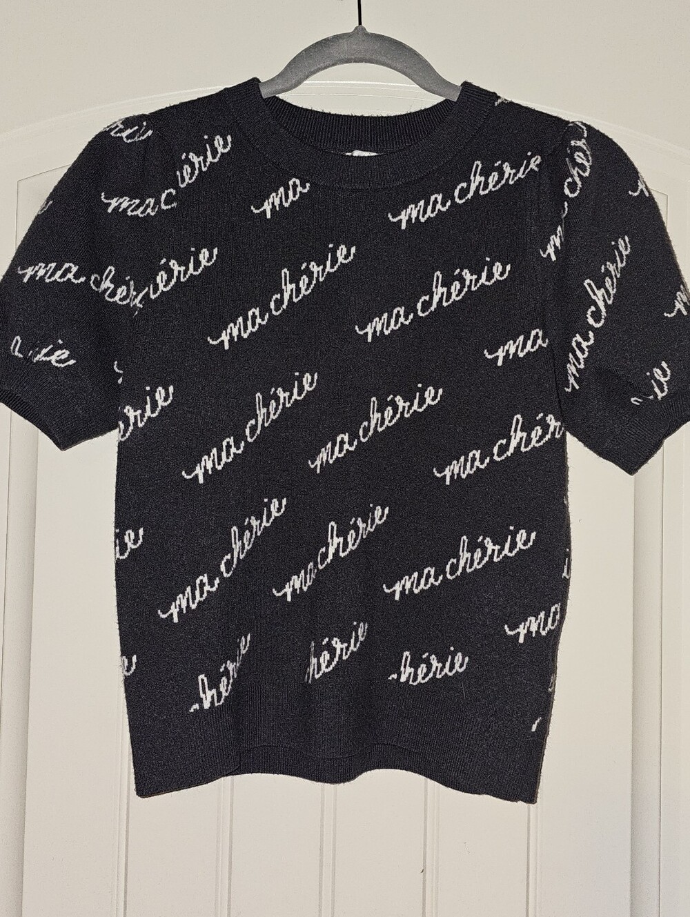 Maeve Black Short Sleeve Knit Top with White "ma chérie" Script, Size S